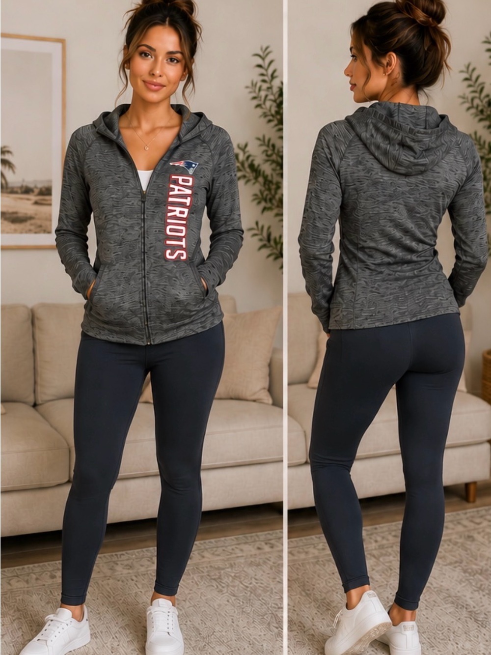 NFL Patriots Gray Patterned Zip Hoodie with Vertical Team Script